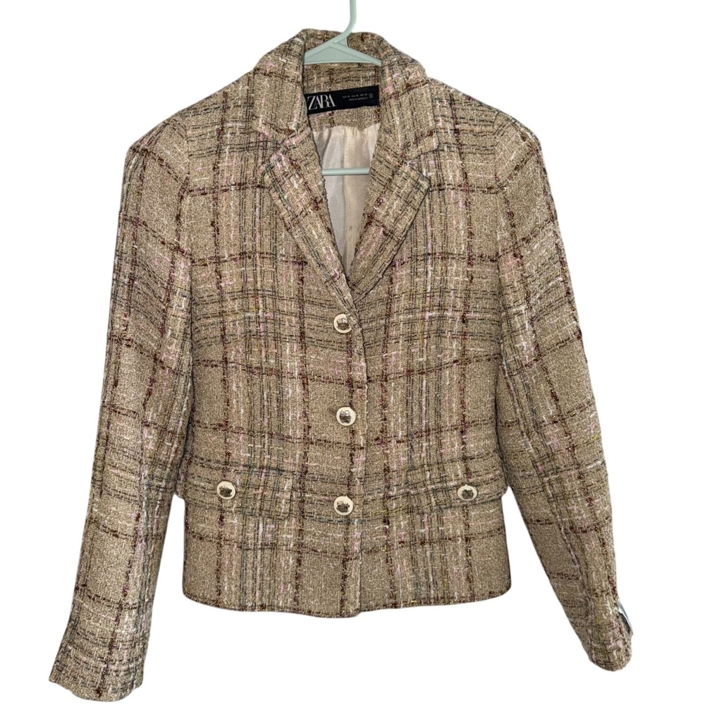 Zara Tweed Plaid Blazer Jacket XS Metallic Gold Buttons Quiet Luxury - Picture 2 of 9